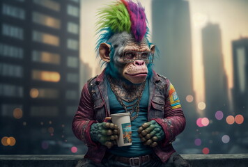 portrait of seven punk Rock Babys chimp leaderjacket colorfull hair sitting onon a steel beam between two skyscrapers make breakfast