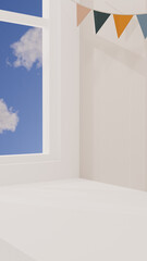 Beige room corner with window and banner. Blue sky outside. 3D rendering. 3d illustration.