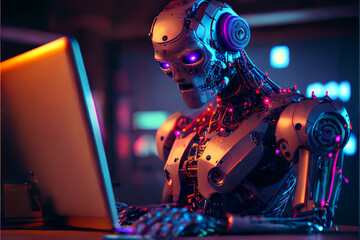 Chatgpt bot, robot sits at a computer, technological progress, art generated ai	