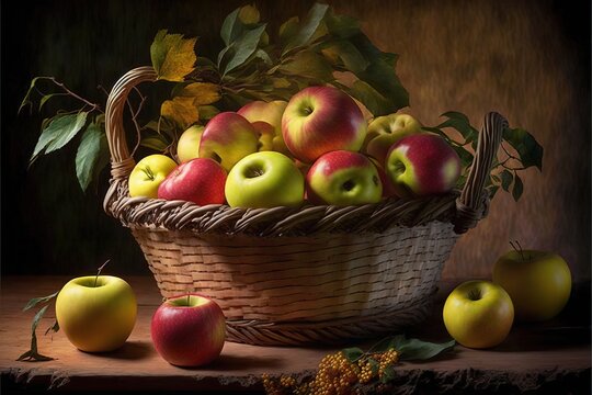 a painting of apples in a basket on a table with leaves and flowers in the background.