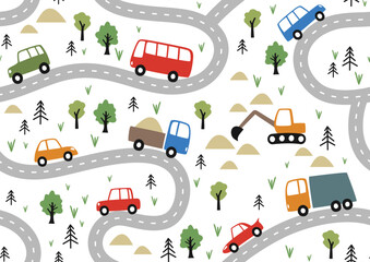 Children seamless pattern with cars on roads in flat style. Endless fun cartoon kids ornament for fabric and fashion textile pint. Vector background.