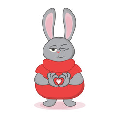 character for valentine's day with heart in paws, hare character shows heart for advertising banner, poster, postcard