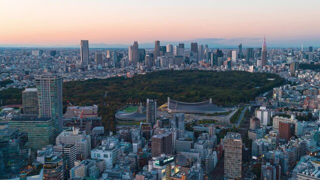 Sunset time-lapse of Shibuya, Tokyo, Japan with a view of the Shinjuku skyline in the background