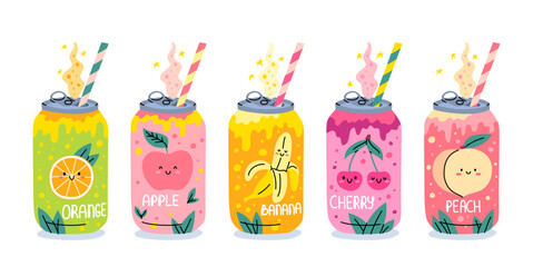 Vector soda cans with straws. Set of colorful soda drinks in aluminium cans with cute fruit characters. Different flavors of peach, orange, banana, apple and cherry summer refreshing carbonated water