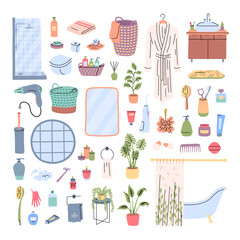 Vector stylish bathroom interior elements doodle set. Apartment furnishing icons of bathtub, mirror, sink, round window, skincare and shower curtain. Comfy cozy plants, towels, bathrobe and hairdryer