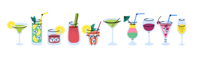 Vector alcoholic cocktails with straws and lemon slice set. Bloody mary, martini, margarita bar drinks in glasses. Wine, champagne, whiskey spirits with umbrella, cherry and mint leaves illustration