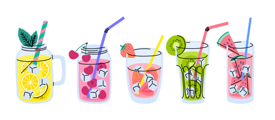 Vector refreshing lemonade types in mason jar glass with straws. Non alcoholic summer drinks with different flavors of kiwi, lemonade, cherry, watermelon, strawberry with fruit slices, mint and ice - obrazy, fototapety, plakaty