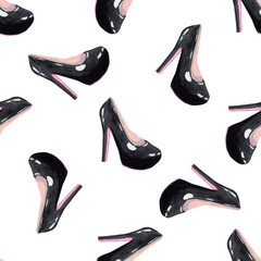 Watercolor black high heels shoes seamless pattern on white background.