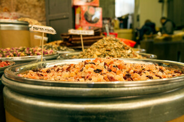 Assorted dried fruits and tea extracts for sale in the market in Jerusalem