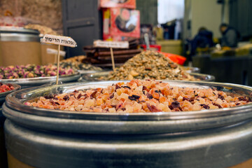 Assorted dried fruits and tea extracts for sale in the market in Jerusalem