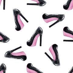 Watercolor black high heels shoes seamless pattern on white