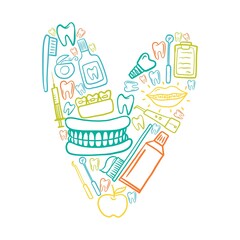 Heart-shaped illustration with elements of dentistry, hand-drawn in the style of a doodle	