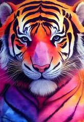 Funny adorable portrait headshot of cute tiger. Asian region land animal standing facing front. Watercolor imitation illustration. Vertical artistic poster. AI generated.