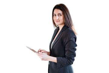 A woman smiling in a business suit uses a tablet manager and businesswoman, isolated transparent...