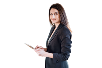 A woman smiling in a business suit uses a tablet manager and businesswoman, isolated transparent background.
