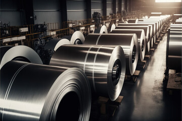 Rolls of metal sheet. Zync, aluminium or steel sheet rolls on warehouse in factory