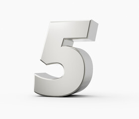 Silver 3d 5 Five numbers. Isolated white background 3d illustration
