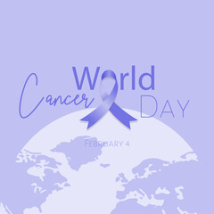 A vector illustartion of a card dedicated to World Cancer Day on 4th of Februaty. It is made in lavender color and shades. Different types of fonts are used