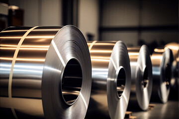 Rolls of metal sheet. Zync, aluminium or steel sheet rolls on warehouse in factory - obrazy, fototapety, plakaty