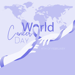 A vector illustartion of a card dedicated to World Cancer Day on 4th of Februaty. There are hands bond with ribon in the front and a world map on the background. Gradient is used