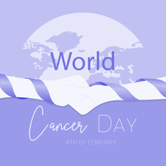 A vector illustartion of a card dedicated to World Cancer Day on 4th of Februaty. There is an earth globe and holding hands wrapped in a ribon. Gradient is used. The card is made in lavender