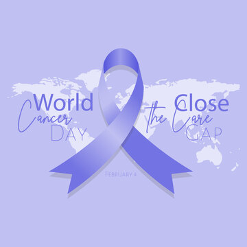 A vector illustartion of a card dedicated to World Cancer Day on 4th of Februaty. It is made in lavender color and shades of lavender.There is lavender ribon on the front and a world map