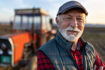 Senior farmer in front of tractor in field