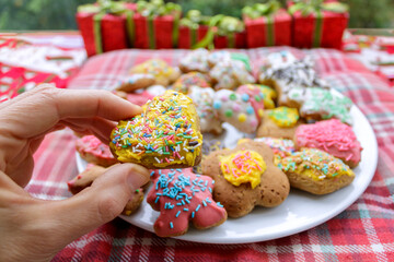 Homemade decorated gingerbread Christmas cookie in hand