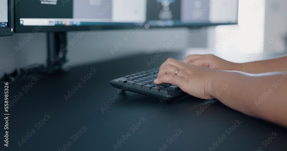 Aufkleber UX design, hands typing at desk and working on software project on computer in office. Internet, programmer or web designer coding and programming website app for digital networking analytics company