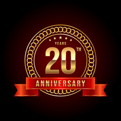 20th Anniversary. Anniversary logo design with gold color text and red ribbon for anniversary celebration event. Logo Vector Illustration