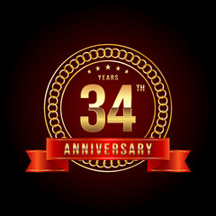 34th Anniversary. Anniversary logo design with gold color text and red ribbon for anniversary celebration event. Logo Vector Illustration