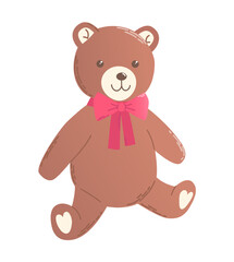 Fototapeta premium Hand drawn cartoon teddy bear with red ribbon in flat style.