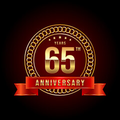 65th Anniversary. Anniversary logo design with gold color text and red ribbon for anniversary celebration event. Logo Vector Illustration