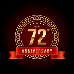 72th Anniversary. Anniversary logo design with gold color text and red ribbon for anniversary celebration event. Logo Vector Illustration