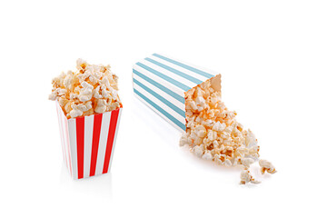 Glass with popcorn on a white background