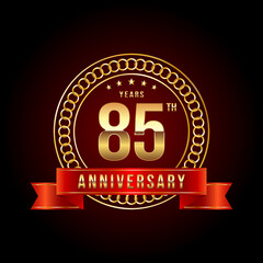 85th Anniversary. Anniversary logo design with gold color text and red ribbon for anniversary celebration event. Logo Vector Illustration