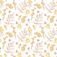 Naklejka na ściany i meble Watercolor seamless pattern with berries, flowers and leaves. Hand drawn illustration. Floral background