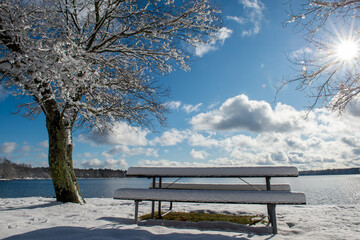 winter picnic table at lake bright sunny day puffy white clouds snow covered tree 