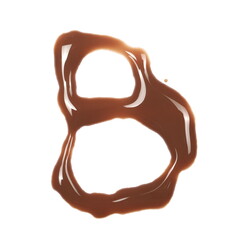 Spilled chocolate milk puddle in shape letter B isolated on white background, top view