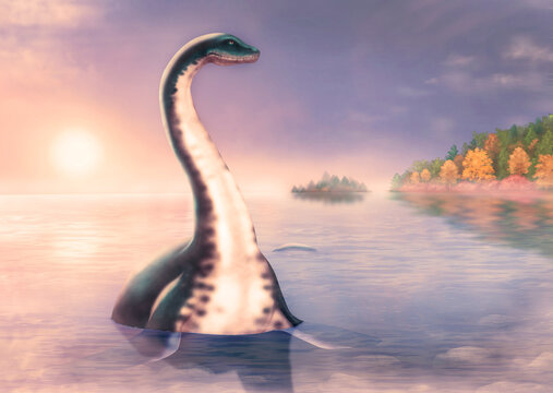 The Loch Ness monster emerged from the water against the backdrop of a picturesque lake.