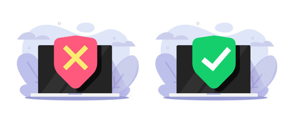 Secure online policy status icon on laptop computer data vector or flat digital protection insurance check symbol graphic illustration, antivirus shield red green guard defense, cybersecurity safety