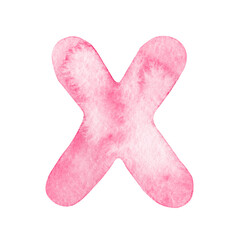 Watercolor pink letter X isolated on white