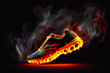 Fototapeta premium Sneakers on fire. Burning shoes. Generative AI.
