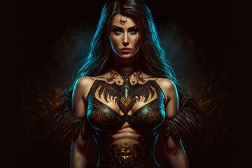 Fototapeta na wymiar Portrait of a fantasy dark female warrior . Fantasy illustration. Image created with Generative AI technology.