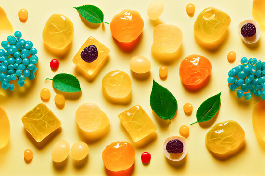 assorted jelly gum fruit candy on yellow background top view. Generative AI.