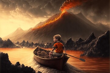 A boy is sailing on a boat from a volcano - obrazy, fototapety, plakaty