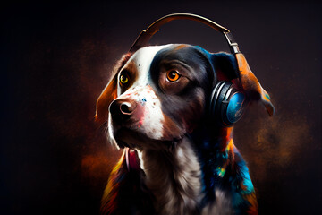 Dog with headphones.  Generative AI.