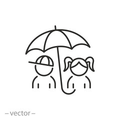child insurance icon, protection of children's rights, boy with girl under an umbrella, thin line symbol on white background - editable stroke vector illustration