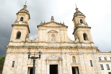 Fototapeta na wymiar Close up Main Cathedral in Bogota Simon Bolivar Plaza. 