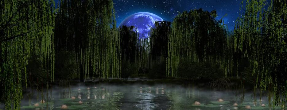 Magic lake surrounded by weeping willows with blue sky and big waves in the lake. Seamless 3D render